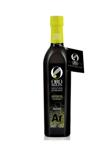 botella negra contiene aceite de oliva arbequina a la venta de la marca oro bailen es de 500 ml