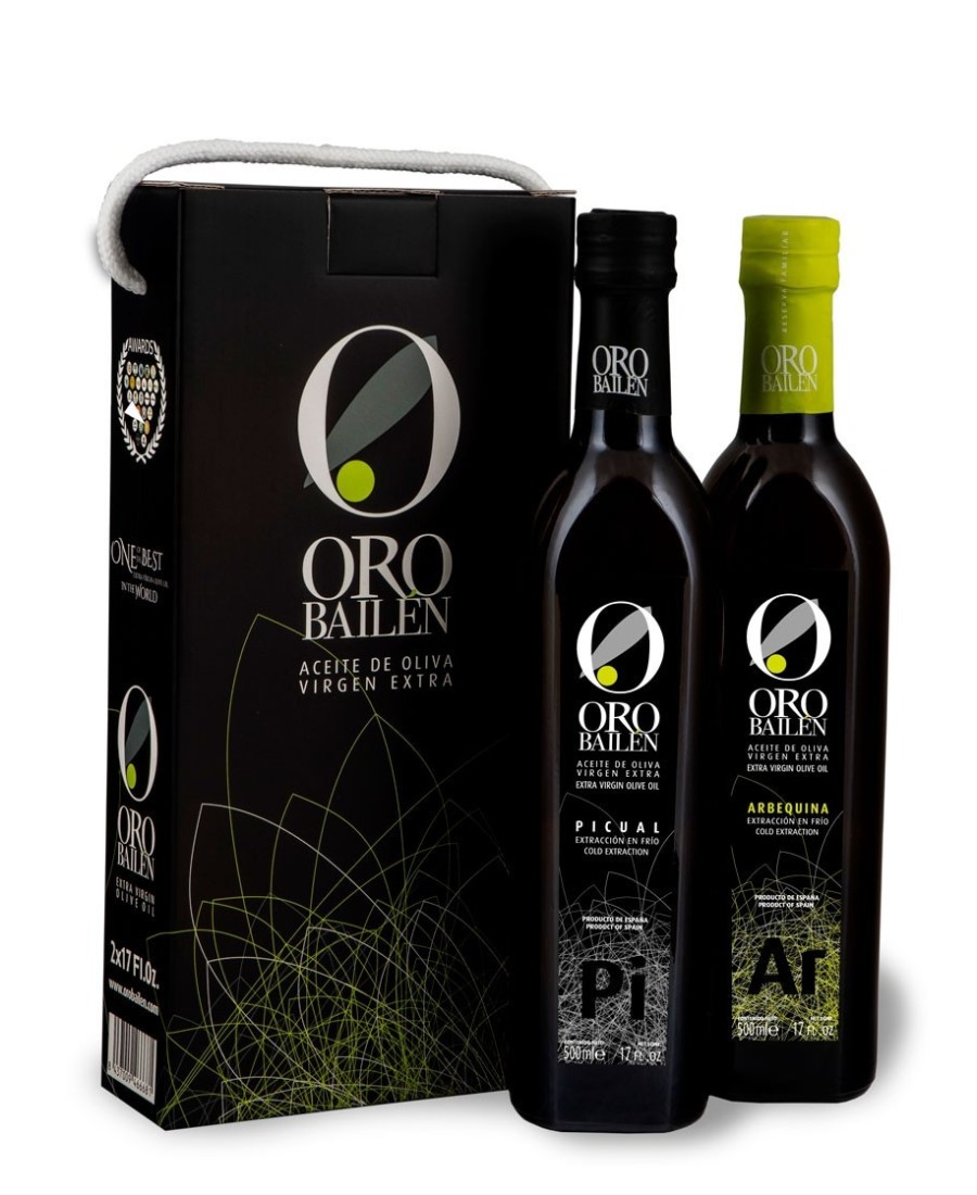 Oro Bailén Arbequina y Picual 2 Botellas 500ML ESTUCHE ASA CORDÓN