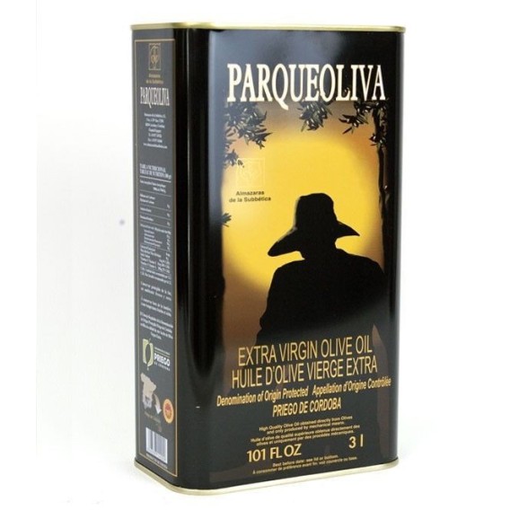 Verkauf von Olivenöl parqueoliva schwarzen Hintergrund ist eine Dose von 3 Liter