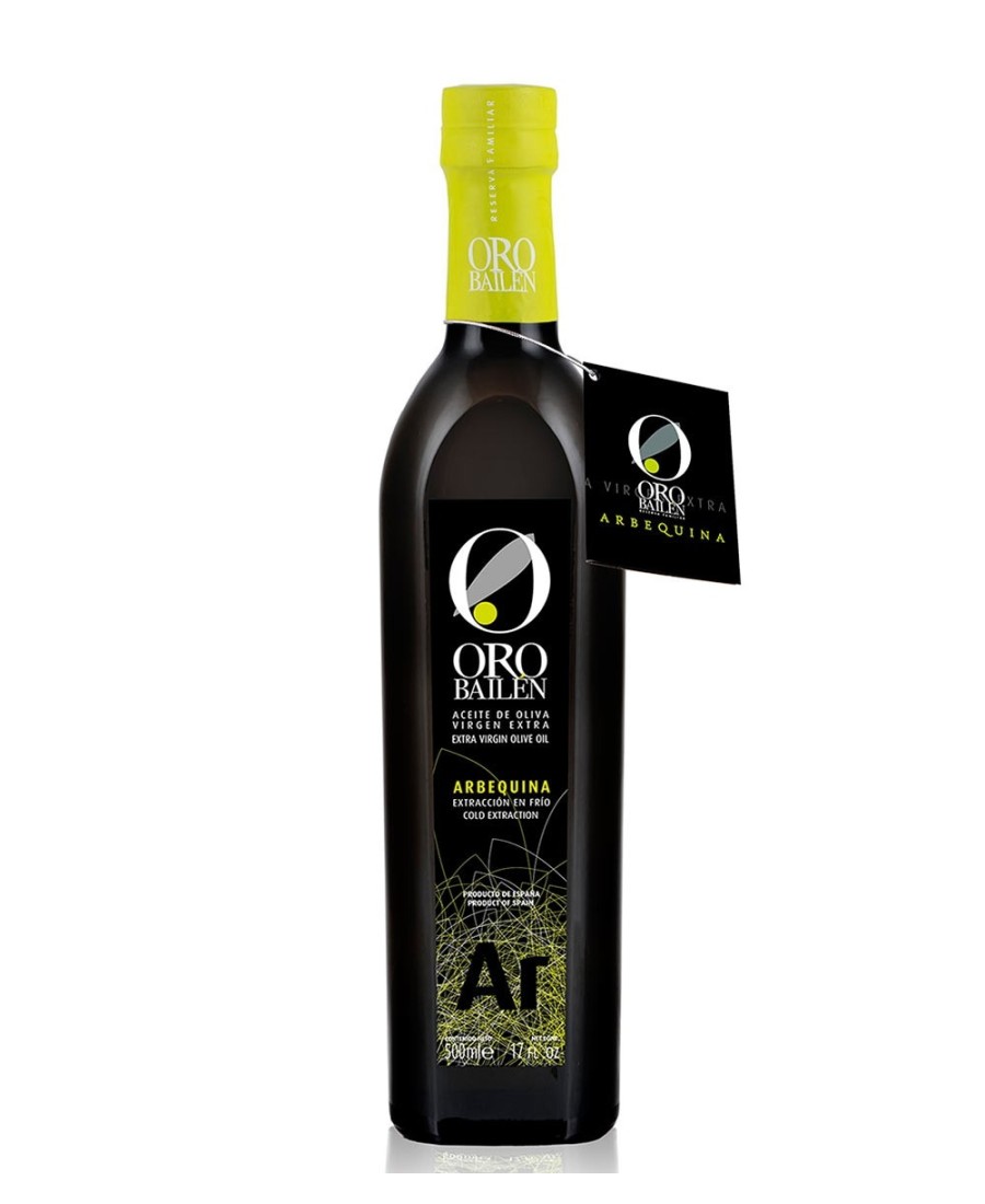 black bottle contains arbequina olive oil to the sale of the brand gold bailen is 500 ml