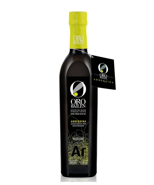 black bottle contains arbequina olive oil to the sale of the brand gold bailen is 500 ml