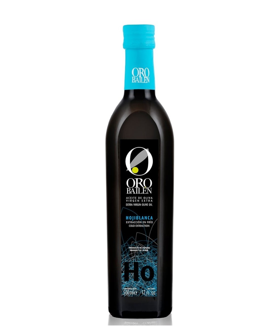 Gold Olivenöl Bailén Familienreservat Hojiblanca schwarze Flasche mit blauem Hintergrund
