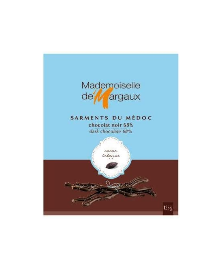 12x Mademoiselle de Margaux Chocolat noir sarments de vigne 68% - Boîte 125 gr.