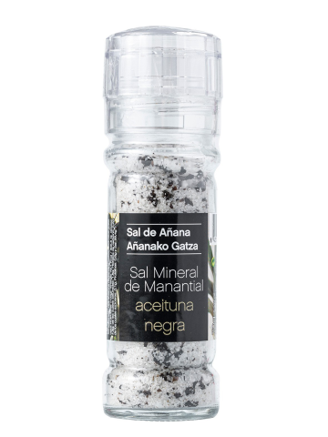 Sal de Añana Sal Mineral de Manantial con Aceitunas Negras - Molinillo 75 gr.