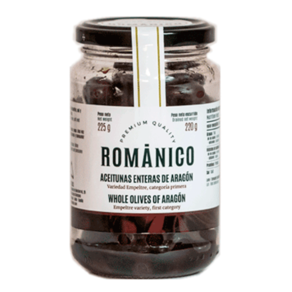 Románico Schwarze Oliven aus Aragon Glasgefäß 220 gr. - Oliva Oliva
