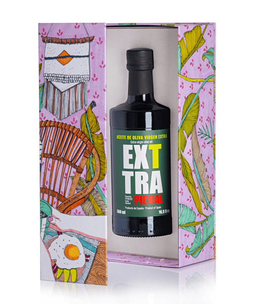 Caja ilustrada por Ana Jarén y  botella de aceite EXTTRA PICUAL