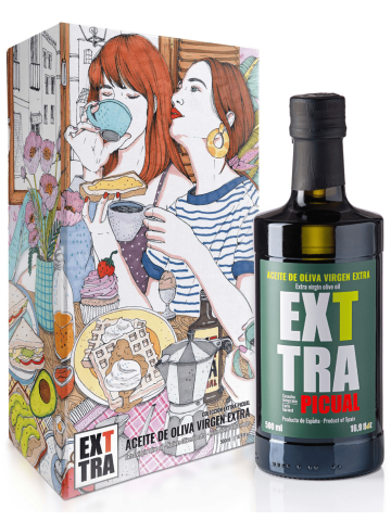 Illustrierte Box von Ana Jarén und Flasche Öl EXTRA PICUAL