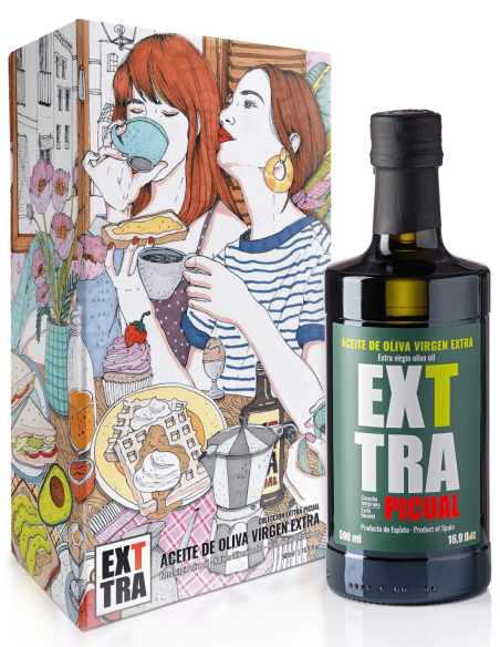 Caja ilustrada por Ana Jarén y  botella de aceite EXTTRA PICUAL