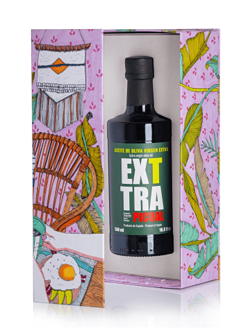 Illustrierte Box von Ana Jarén und Flasche Öl EXTRA PICUAL 2