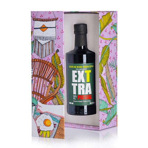 Caja ilustrada por Ana Jarén y  botella de aceite EXTTRA PICUAL