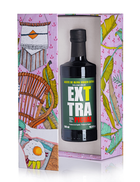 Caja ilustrada por Ana Jarén y  botella de aceite EXTTRA PICUAL