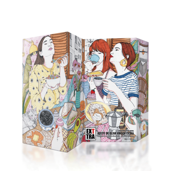 Illustrated box by Ana Jarén and bottle of oil EXTRA PICUAL
