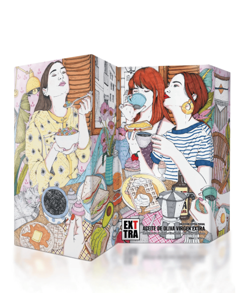 Illustrated box by Ana Jarén and bottle of oil EXTRA PICUAL